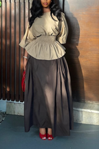 Women Round Neck Waist Cinched Top+ Half Skirt Elegant Casual Suit
