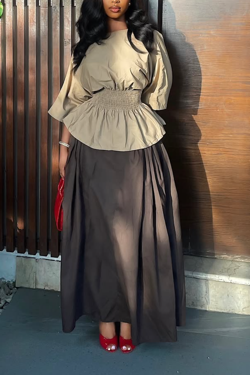 Women Round Neck Waist Cinched Top+ Half Skirt Elegant Casual Suit