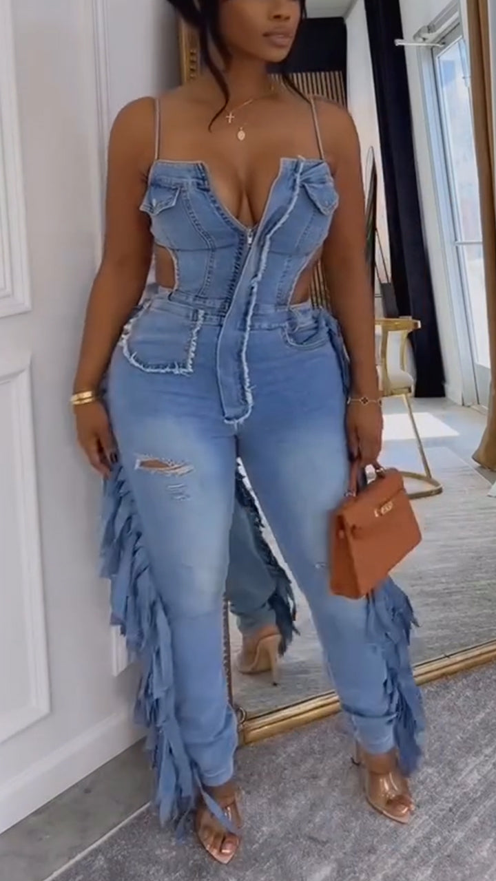 Womens Strappy Patchwork Sexy Casual Denim Jumpsuit