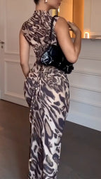 Women Round Neck Printed Waist Cinching Temperament Casual Dress