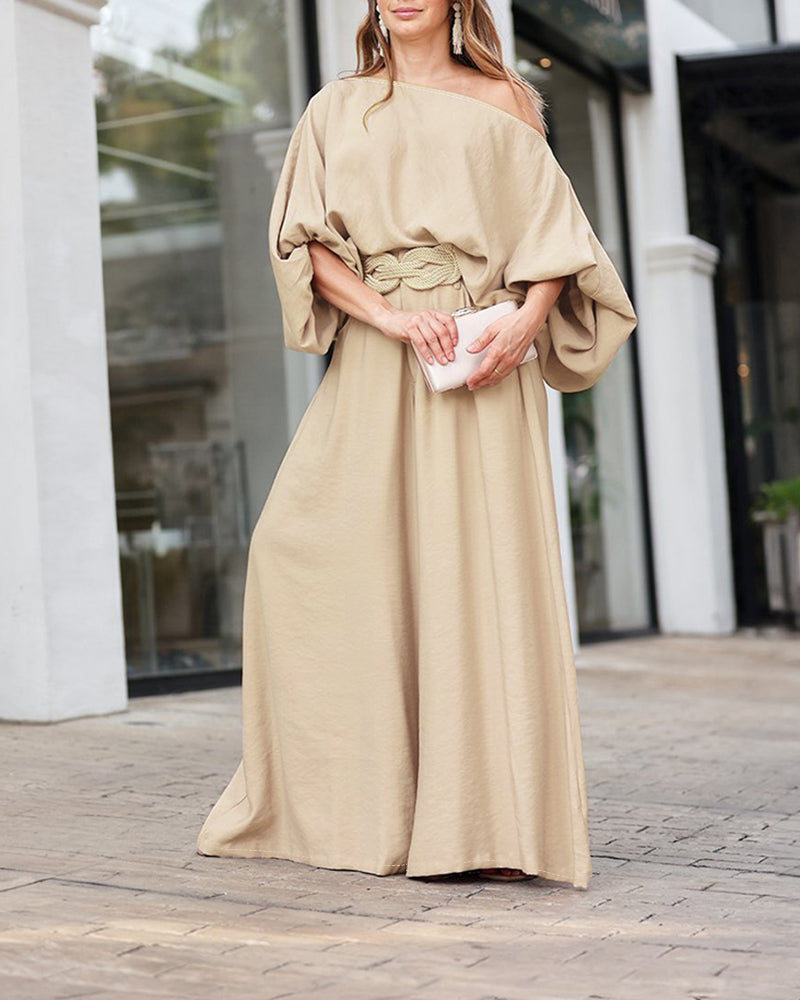 2 Pieces Outfit Turn-down Coll  Long Sleeve Button Front Satin  Shirt and Casual Vintage Floral  Print Elastic Back Waist Wide Leg  Pants Set without Belt