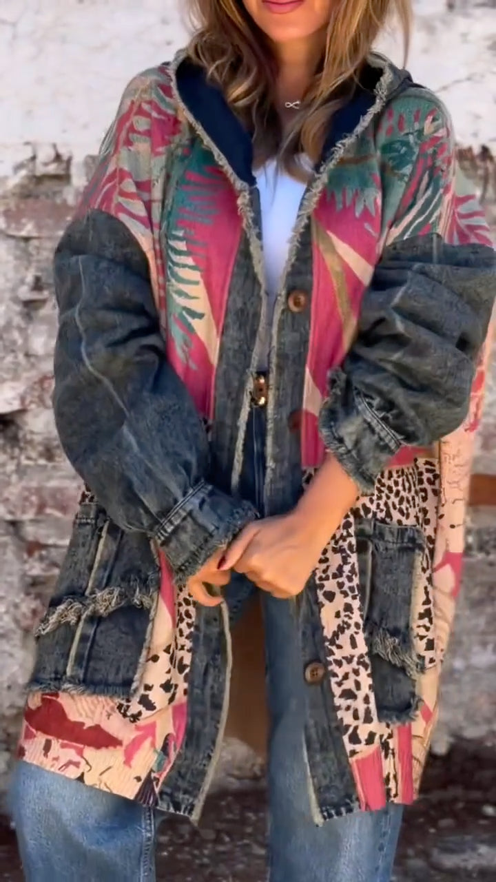 Women Hooded Printed Patchwork Denim Casual Coat