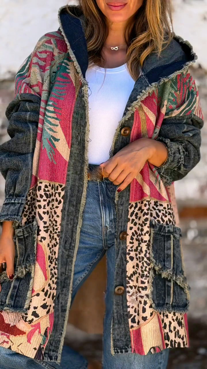 Women Hooded Printed Patchwork Denim Casual Coat