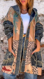 Women Hooded Printed Patchwork Denim Casual Coat