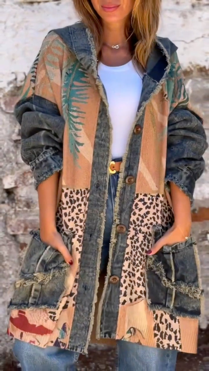 Women Hooded Printed Patchwork Denim Casual Coat