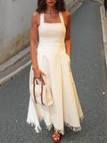 Women Spaghetti Strap Patchwork Tassel Casual Dress