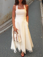 Women Spaghetti Strap Patchwork Tassel Casual Dress
