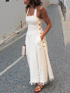 Women Spaghetti Strap Patchwork Tassel Casual Dress