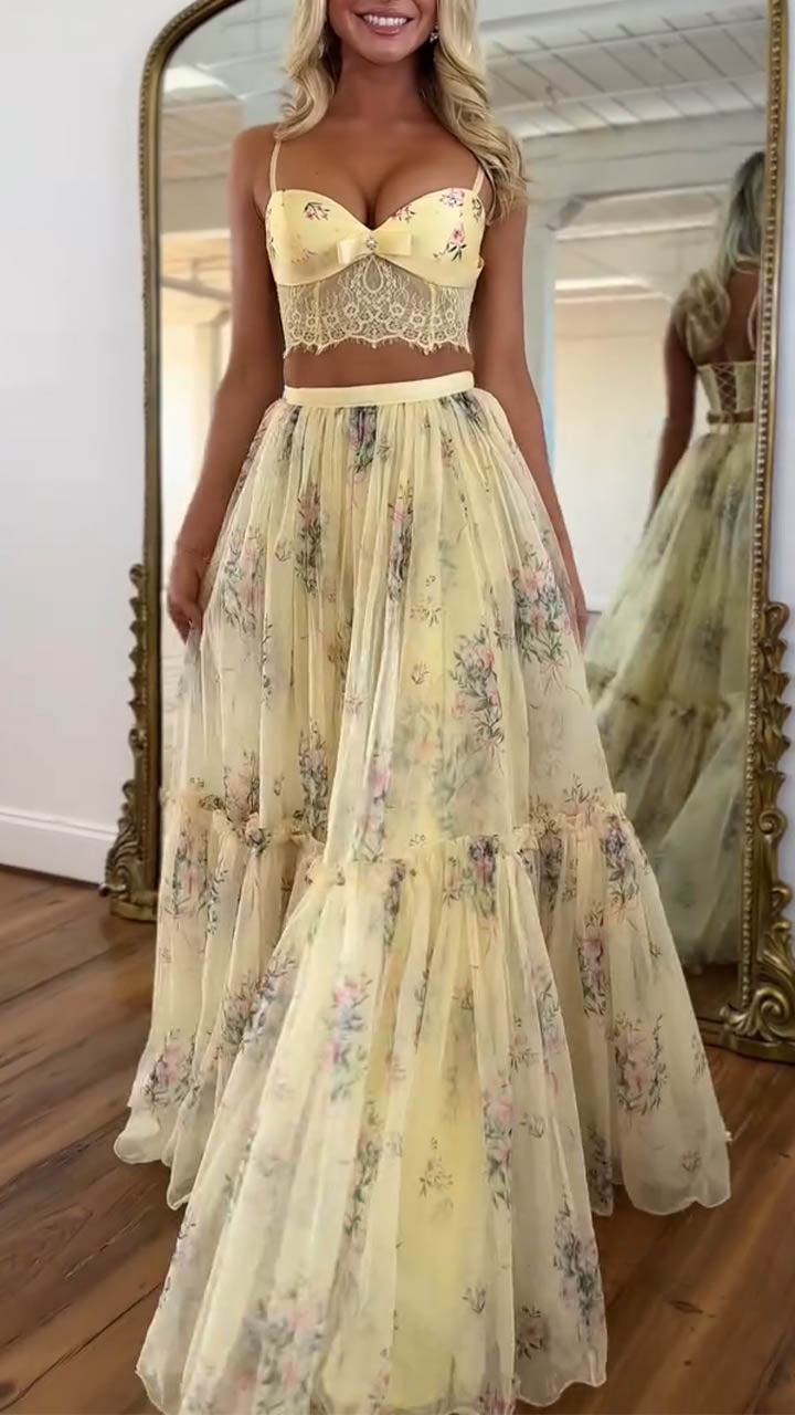 Women Spaghetti Strap Patchwork Top+half Skirt Elegant Temperament Set