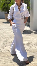 Women Collar Shirt+ Pants Solid Color Temperament Casual Suit