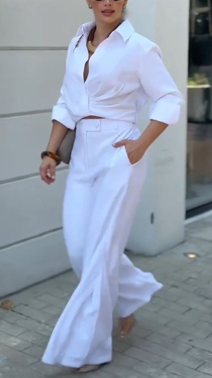 Women Collar Shirt+ Pants Solid Color Temperament Casual Suit