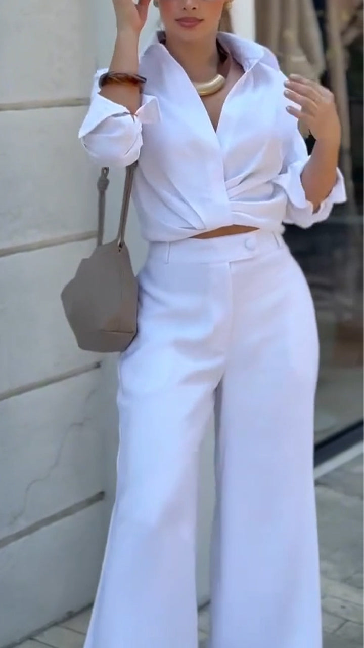 Women Collar Shirt+ Pants Solid Color Temperament Casual Suit