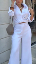 Women Collar Shirt+ Pants Solid Color Temperament Casual Suit
