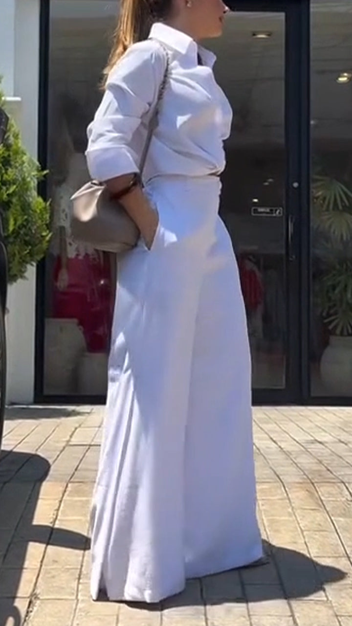 Women Collar Shirt+ Pants Solid Color Temperament Casual Suit