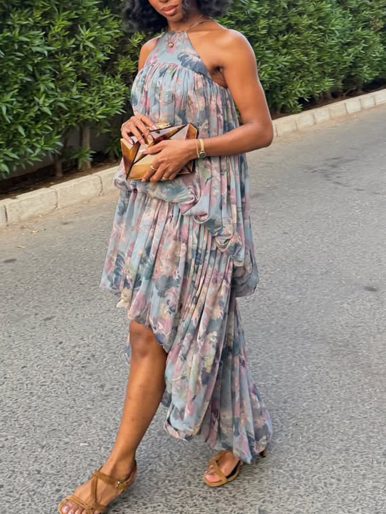 Women Neck Hanging Printed Patchwork Irregular Casual Dress
