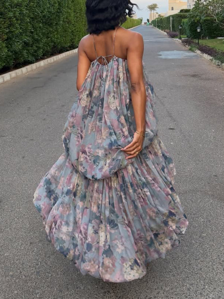 Women Neck Hanging Printed Patchwork Irregular Casual Dress