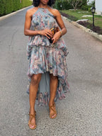 Women Neck Hanging Printed Patchwork Irregular Casual Dress