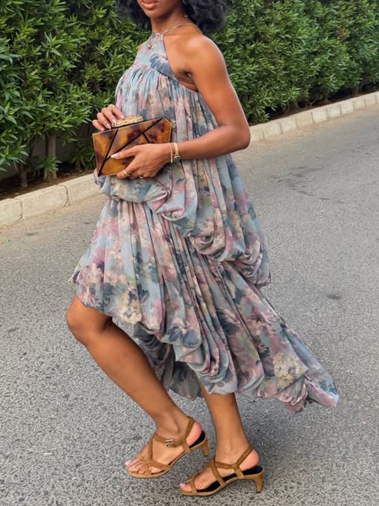 Women Neck Hanging Printed Patchwork Irregular Casual Dress