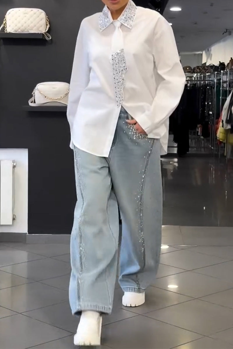 Women's Fashion Rhinestone Collar Shirts + Rhinestone Tie