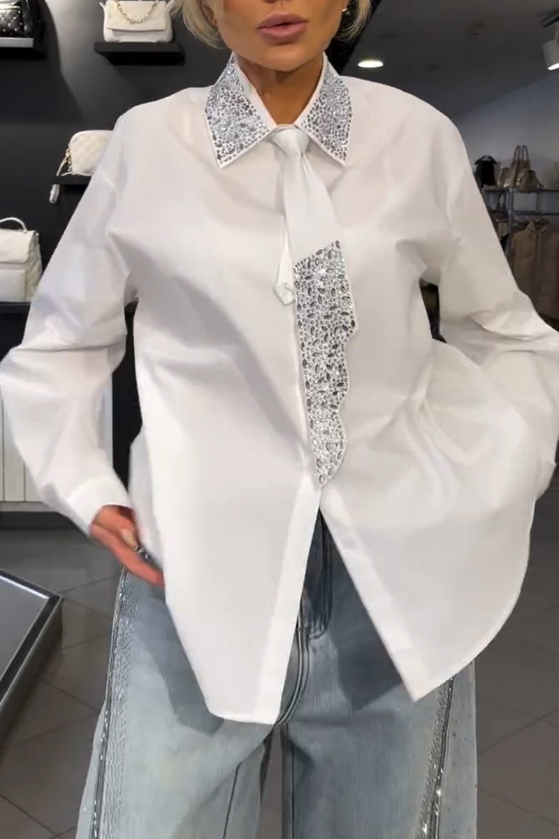 Women's Fashion Rhinestone Collar Shirts + Rhinestone Tie