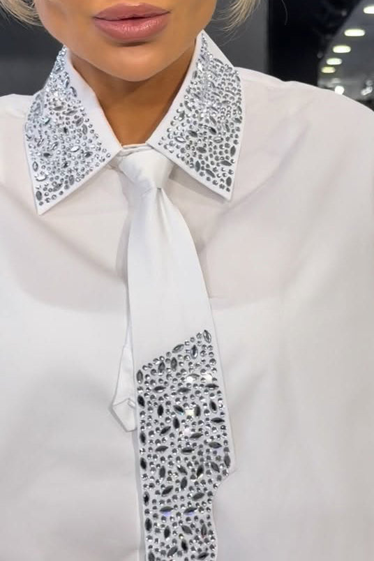 Women's Fashion Rhinestone Collar Shirts + Rhinestone Tie