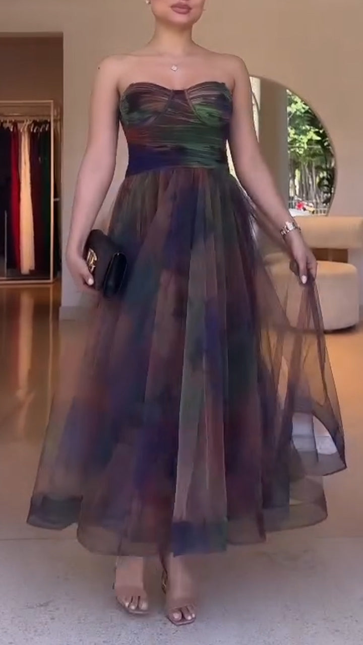 Women Strapless Patchwork Blended Elegant Temperament Dress