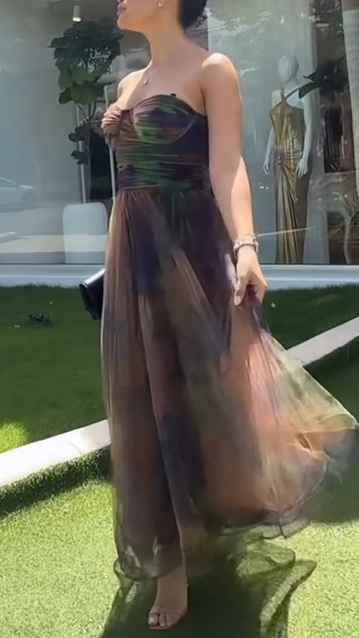 Women Strapless Patchwork Blended Elegant Temperament Dress