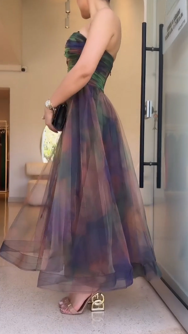 Women Strapless Patchwork Blended Elegant Temperament Dress