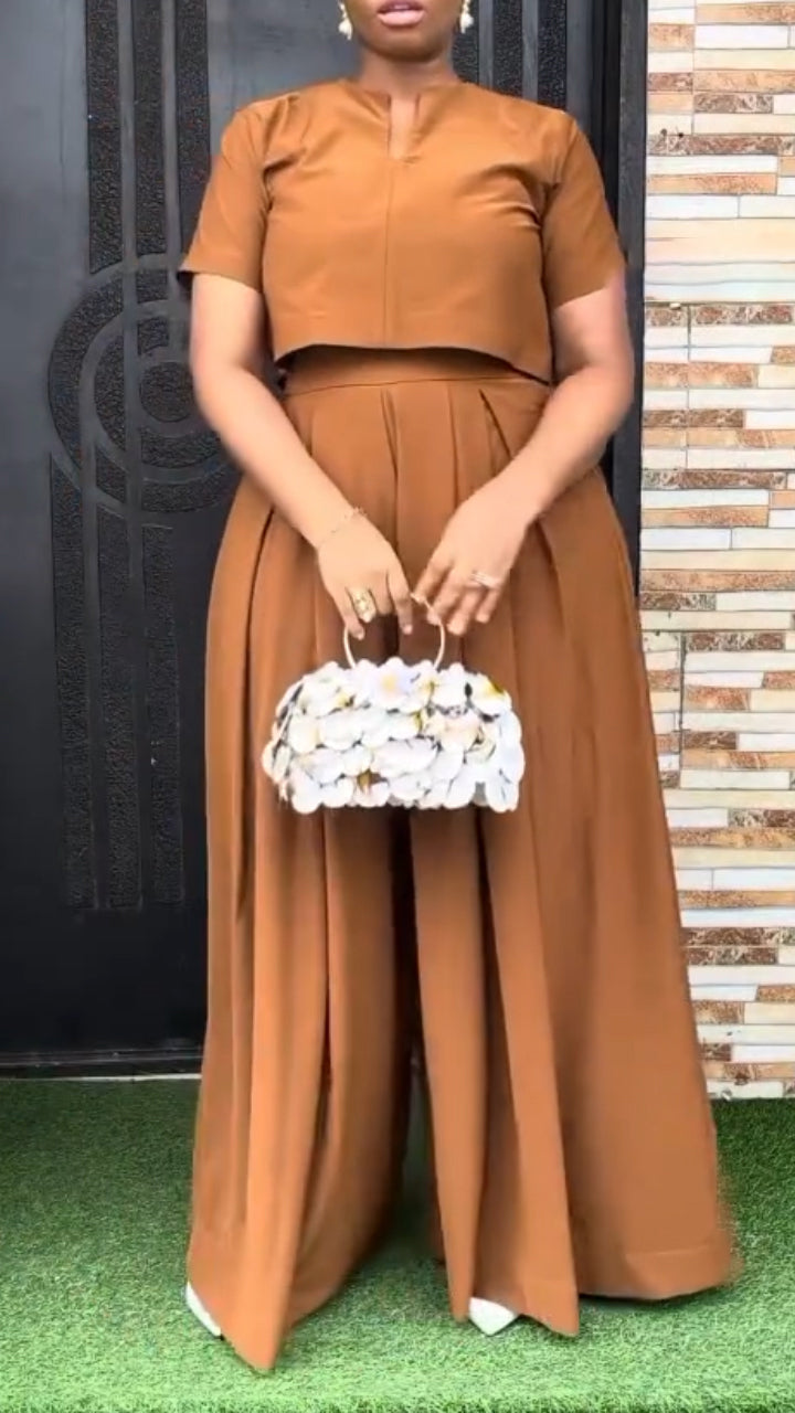 Women Round Neck Top+ Pants Solid Color Temperament Casual Suit