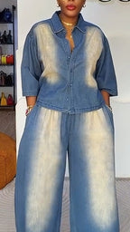 Womens Collar Wash Jacket+ Pants Casual Denim Suit