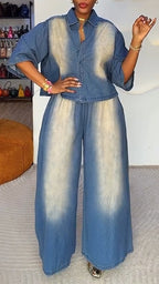 Womens Collar Wash Jacket+ Pants Casual Denim Suit