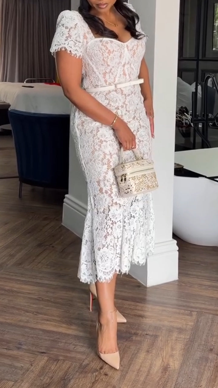 Women Square Collar Lace Printed Elegant Casual Dress