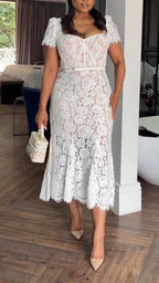 Women Square Collar Lace Printed Elegant Casual Dress