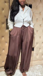Womens Collar Shirt + Pants Casual Suit