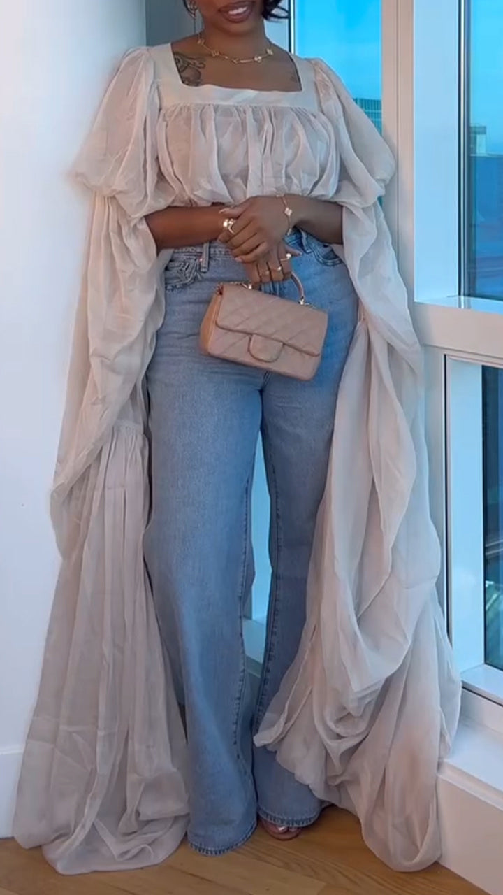 Women Square Collar Long Sleeved Robe Top + Jeans Casual Suit