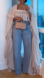 Women Square Collar Long Sleeved Robe Top + Jeans Casual Suit