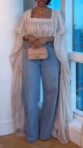 Women Square Collar Long Sleeved Robe Top + Jeans Casual Suit