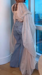 Women Square Collar Long Sleeved Robe Top + Jeans Casual Suit