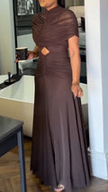 Women Round Neck Patchwork Hollow Pleated Solid Color Elegant Temperament Dress