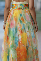 Ladies' Casual And Elegant Watercolor Printed Chiffon Midi Skirt, High Waisted Design, With Pockets