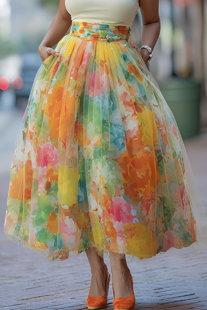 Ladies' Casual And Elegant Watercolor Printed Chiffon Midi Skirt, High Waisted Design, With Pockets