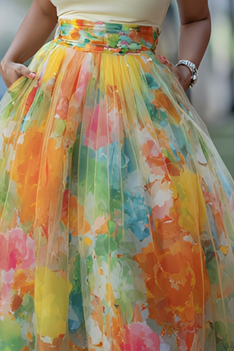 Ladies' Casual And Elegant Watercolor Printed Chiffon Midi Skirt, High Waisted Design, With Pockets