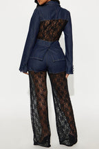 Ladies' Casual Denim Lace Patchwork Suit Top And Pants