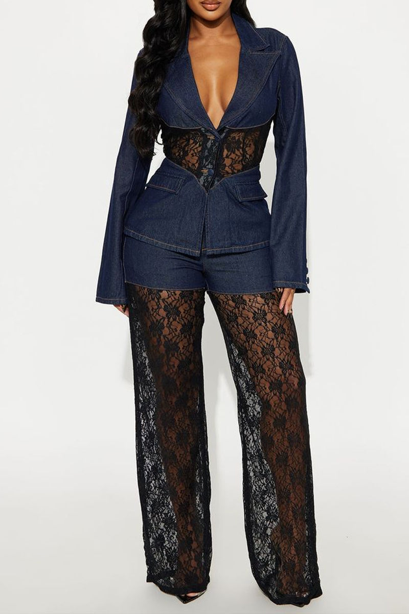 Ladies' Casual Denim Lace Patchwork Suit Top And Pants