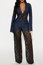 Ladies' Casual Denim Lace Patchwork Suit Top And Pants