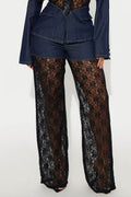 Ladies' Casual Denim Lace Patchwork Suit Top And Pants