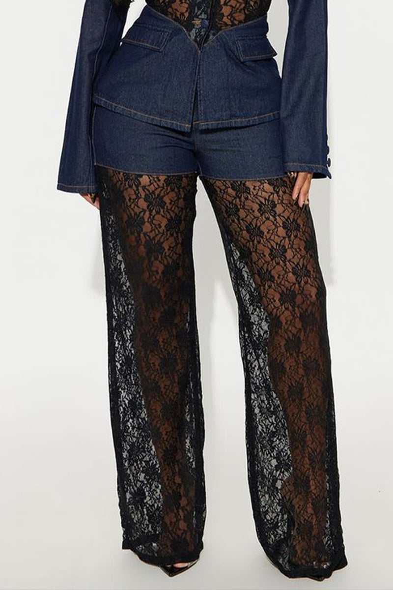 Ladies' Casual Denim Lace Patchwork Suit Top And Pants