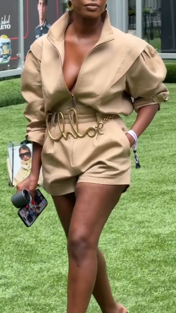 Women Collar Splicing Short Style Temperament Casual Jumpsuit
