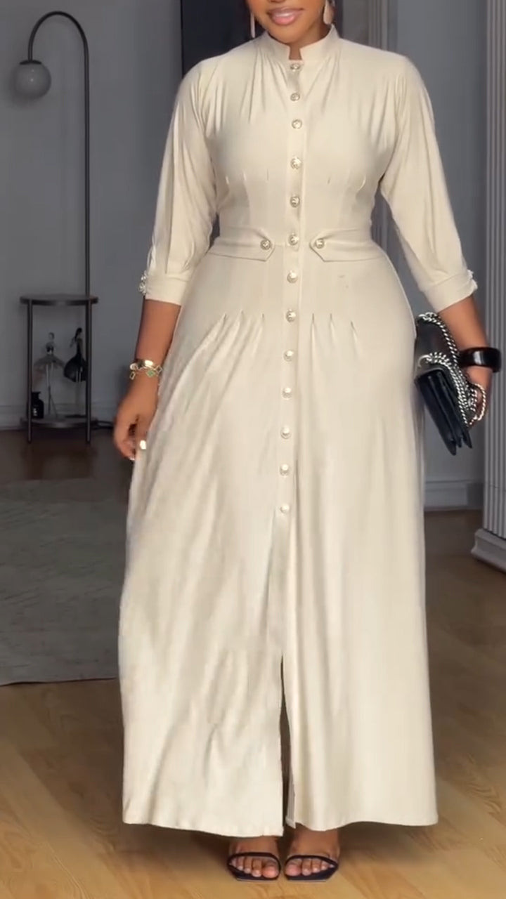 Women Round Neck Buckle Waist Cinching Elegant Casual Dress