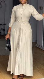 Women Round Neck Buckle Waist Cinching Elegant Casual Dress